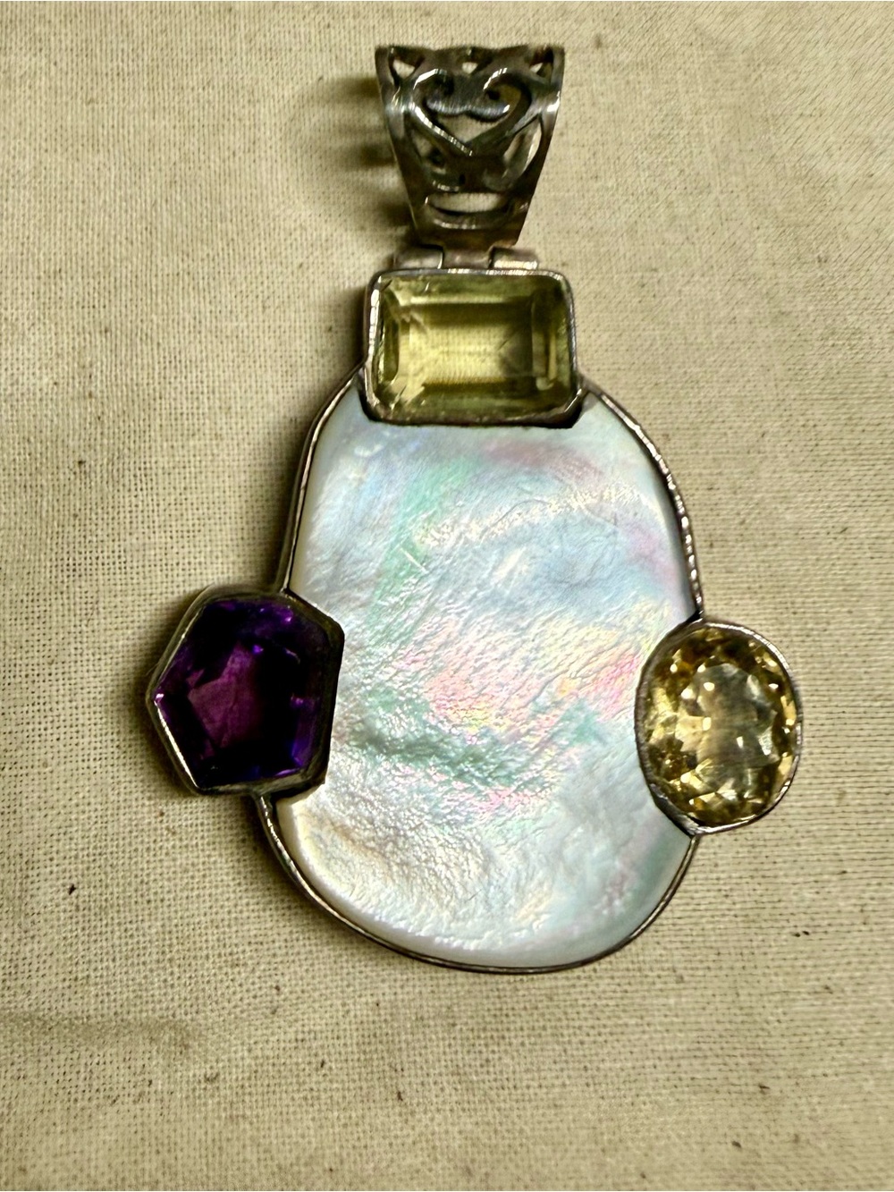 Sterling Silver Mother-of-Pearl Pendant with Amethyst and Citrine Accents